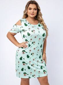 大碼夏季涼爽休閒酪梨印花冷肩夜晚睡衣家居服 - 彩色 - 查看 5