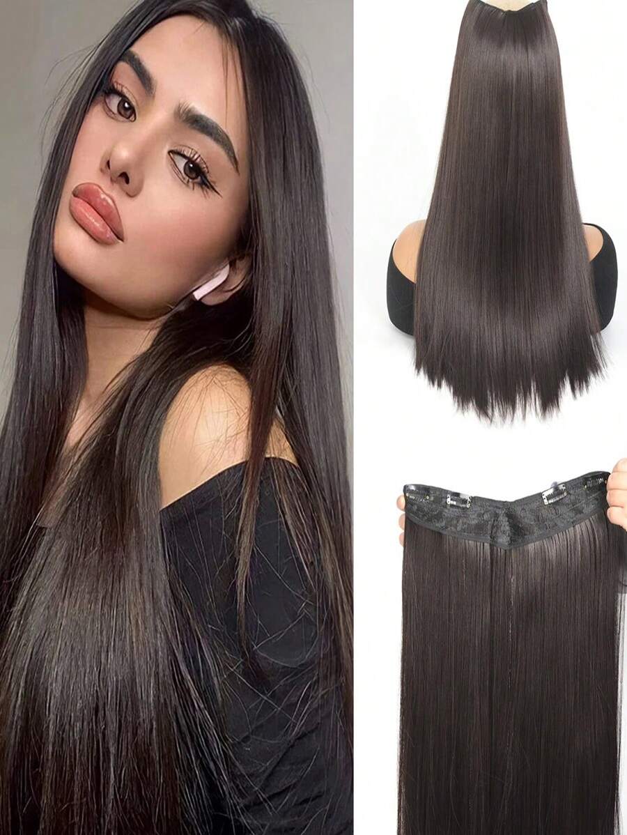 20/24/28 Inch Clip In Straight Hair Extensions 4 Clips V-Shap Synthetic Hairpiece For Women Heat Resistant Hair Extension Daily Use(Black-Brown)