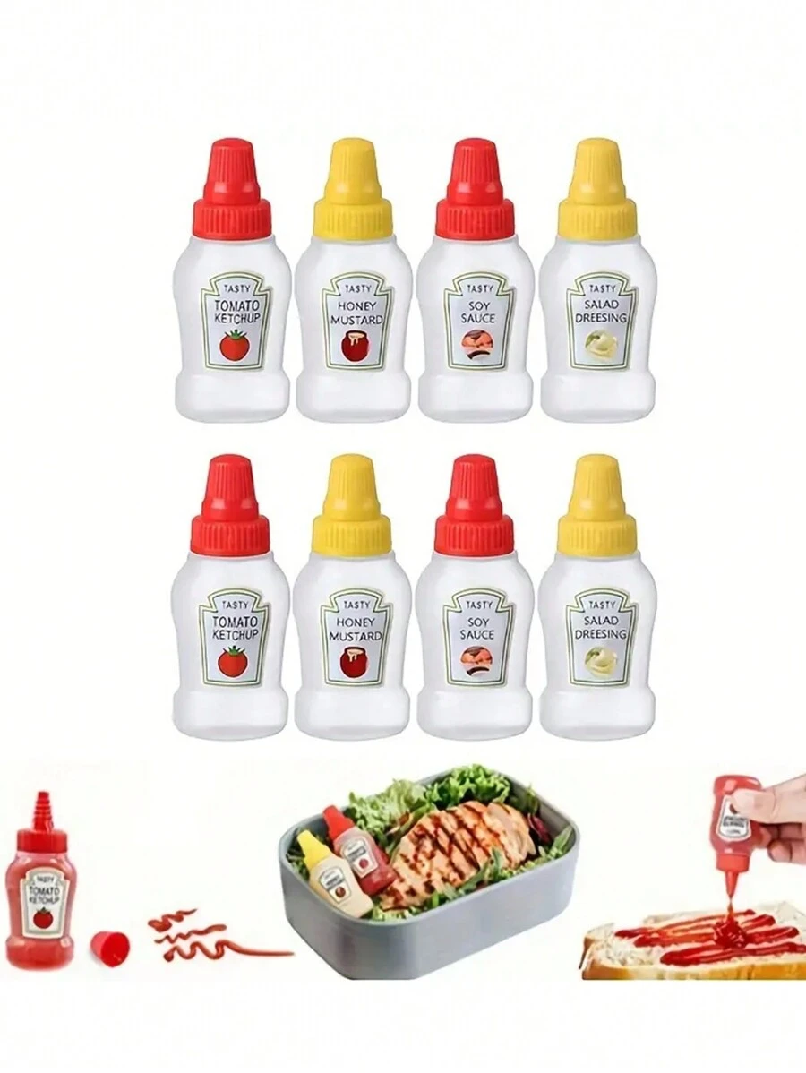 P1/ 4/8pcs Botol Saus Mini Portabel, Dispenser Saus Salad dan Saus Tomat, Botol Plastik Peras, Wadah Bumbu, Pola & Warna Acak