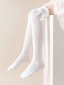 1 Pair Of Girls' White Hollow Mesh Bow Lace Calf Socks, Comfortable And Versatile, Suitable For Daily Wear - White - View 5