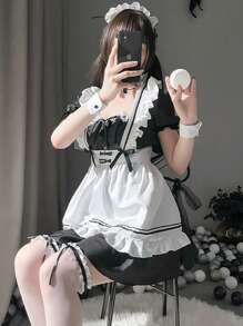 Sexy y lindo disfraz de estudiante lolita, Coslplay anime maid set, elegante vestido lolita, adecuado para ocasiones: fiesta, baile, fiesta de Halloween - Negro - Ver 9
