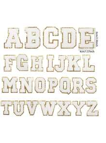 26pcs Blue Felt Fabric Iron-On Letter Patches With Gold Border For Clothing Accessories, DIY Crafting, Sewing