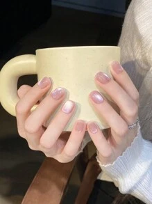 10pcs Reflective Glitter Cat Eye Handmade Press On Nails - Short Oval False Nails For Women And Girls - Nude Pink (3 Size Available) - Glossy Finish Nail Supplies