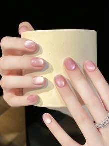 10pcs Reflective Glitter Cat Eye Handmade Press On Nails - Short Oval False Nails For Women And Girls - Nude Pink (3 Size Available) - Glossy Finish Nail Supplies