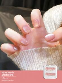 10pcs Reflective Glitter Cat Eye Handmade Press On Nails - Short Oval False Nails For Women And Girls - Nude Pink (3 Size Available) - Glossy Finish Nail Supplies