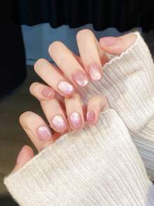 10pcs Reflective Glitter Cat Eye Handmade Press On Nails - Short Oval False Nails For Women And Girls - Nude Pink (3 Size Available) - Glossy Finish Nail Supplies