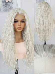 Women's Long Fluffy Silver White Lace Front Wig, Long Curved Synthetic Lace Front Wig, Pre Pulled Natural Hair Line Free Part 13 * 1 High-Definition Transparent Front Lace Silver White Wig, Suitable For Daily Party Role-Playing, Wearing Glue Free Wig, 150% High-Density Soft Fluffy Silver White Synthetic Heat-Resistant Fiber Hair Texture, 26 Inches High Temperature Fiber Wig, Natural Realistic Wig, Elegant Women's Fluffy Curved Curly Hair Wig - White - View 3