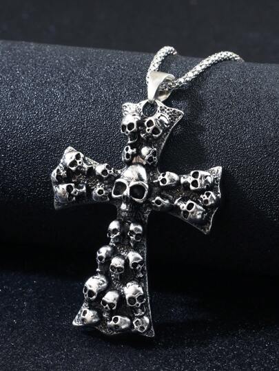 1pc Men's Punk Style Skull Head & Cross Pendant Necklace