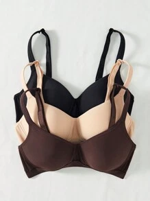 3PCS Lady's Comfortable Multicolour Wireless Soft Cup Solid Underwear Bra - Black - View 3