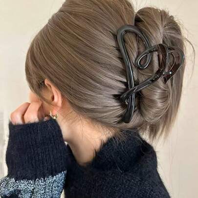 1 件装复古 Ins 风格黑棕色不对称心形发夹，韩国时尚百搭发爪情人节发夹发夹发夹发夹发夹接发夹，学校用品，学院秋冬爪夹发饰女士蝴蝶结度假装女士