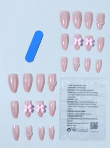24 pièces/set Ongles pressés longs d'amande rose avec nœud papillon et fausse perle, un design doux et d'ongles fausses. Contient 1 pièce de colle gelée et 1 pièce de lime à ongles, convient pour un usage quotidien au travail et lors de fêtes, fournitures d'ongles pour femmes et filles