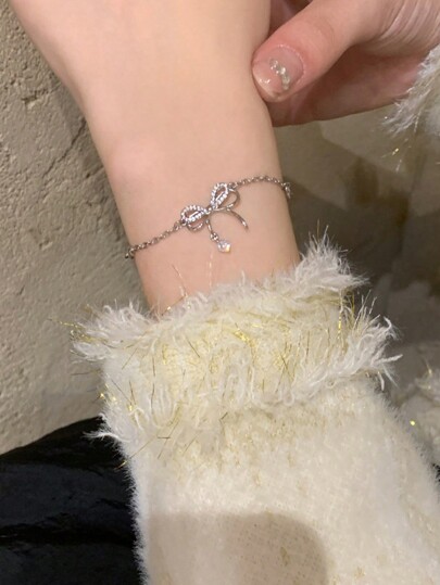 1pc Fashion Girl Bow Pearl Zirconia Simple Charm Chain Bracelet For Women Party Jewelry Gift
