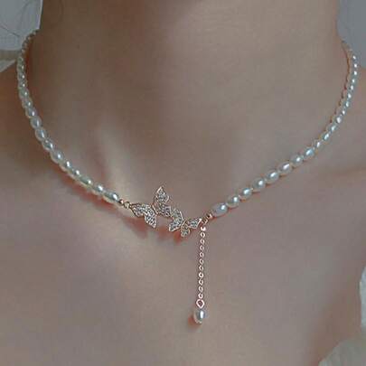 1 chiếc vòng cổ bướm thời trang bằng đá Zirconia & ngọc trai, vòng cổ cổ áo thanh lịch kiểu choker, chiều dài chuỗi thực tế có thể thay đổi