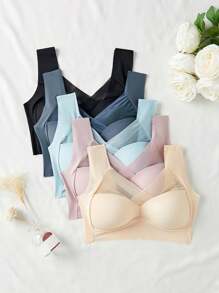5 piezas/Conjunto de sujetador de belleza sin costuras para mujer, diseño de una sola pieza, acolchado y sin aro, delgado y amigable con la piel, sin sensación de restricción, sujetador para dormir, lencería