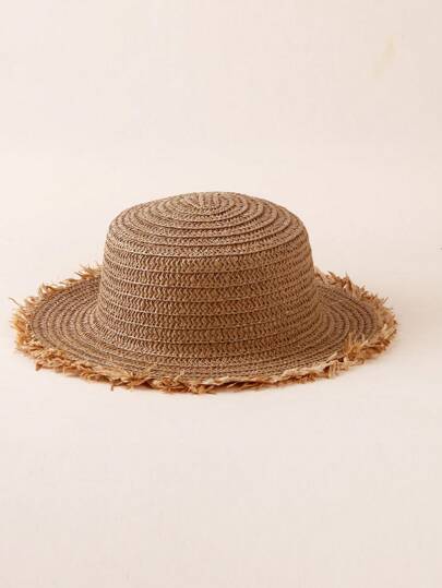 1pc Unisex Toddlers' Casual Fringed Flat-Top Sun Hat, Breathable Straw Hat For Daily Sun Ion