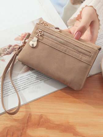 MIYIN 复古时尚PU双折女士短款钱包 - 休闲便携卡包，带拉链零钱包、卡槽、证件窗口和腕带，日常使用（米色）商务休闲腕包，女士腕包，钱包，小钱包