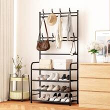 Zapatero y Perchero Multifuncional, Perchero de Entrada con 16 Ganchos, Estante para Zapatos de Gran Espacio, Zapatero con 4 Niveles, Fácil Montaje, 2 en 1 Estante para Zapatero - Negro - Ver 4