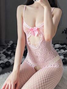 1 件女式性感网眼渔网紧身衣长袜，性感连体衣，带蝴蝶结肩带和胸部镂空，内衣，开裆渔网袜紧身衣，兔女郎服装，制服诱惑，狂欢 - 粉色 - 查看 1
