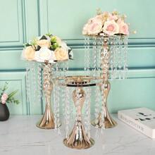 1 pieza Jarrón de metal para boda, 12 hebras de colgante con cristal y cuentas acrílicas, jarrón de mesa para bodas, ornamento de flores de mesa, accesorios de arreglo floral para bodas, soporte de flores de mesa de hotel, candelabro de cristal, decoración primaveral del hogar, macetero de flores para camino de bodas