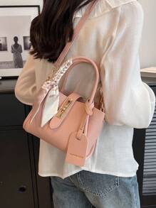 1個時尚簡約pu鎖扣手提包,配有肩帶和絲巾,適合日常使用 - 粉色 - 查看 2