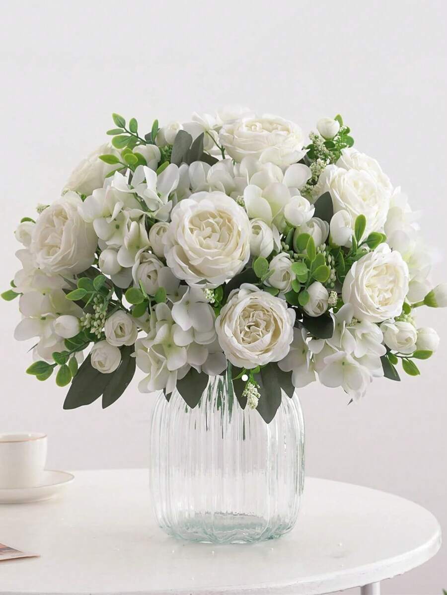 1pc / 3pcs White Artificial Flower Hydrangea Fake Peony Silk Flowers Rose Bouquet For Home Wedding Bride Bouquet Decor White, Valentine Day, Gift Gifts Birthday Graduation