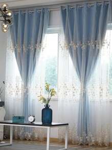 1pc Luxury European Style Embroidered Pearl Tulle Curtains For Bedroom And Living Room, Sheer Double Layer - Blue - View 4