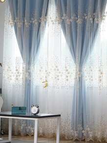 1pc Luxury European Style Embroidered Pearl Tulle Curtains For Bedroom And Living Room, Sheer Double Layer - Blue - View 3