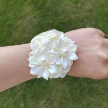 优雅伴娘手腕花，新娘丝绸手镯，弹力手链，适合婚礼舞会手部佩戴 - 米色 - 查看 5