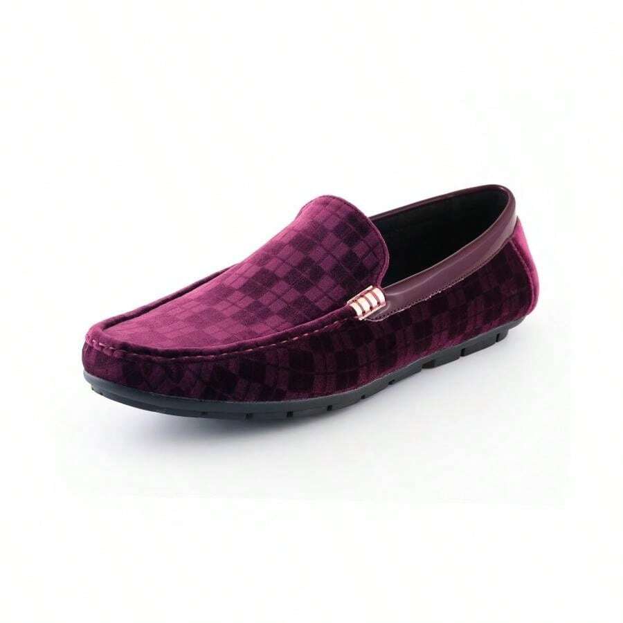 Burgundy Casual Checkered Slip On Velvet Driving Loafer Mens Shoes Summer - Màu Đỏ Sâu - Xem 1