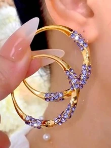 1pair Fashionable Simple All-Match Gold-Tone Purple Rhinestone Large Hoop Earrings - Earrings - View 6