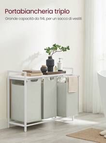 VASAGLE Cesto Portabiancheria, Porta Biancheria, 3 Sacchi in Tessuto Oxford Estraibili e Rimovibili, Piano d'Appoggio, Struttura Metallo, 3 x 38L, 92,5 x 33 x 72 cm, Bianco - Bianco - Visualizzare 3