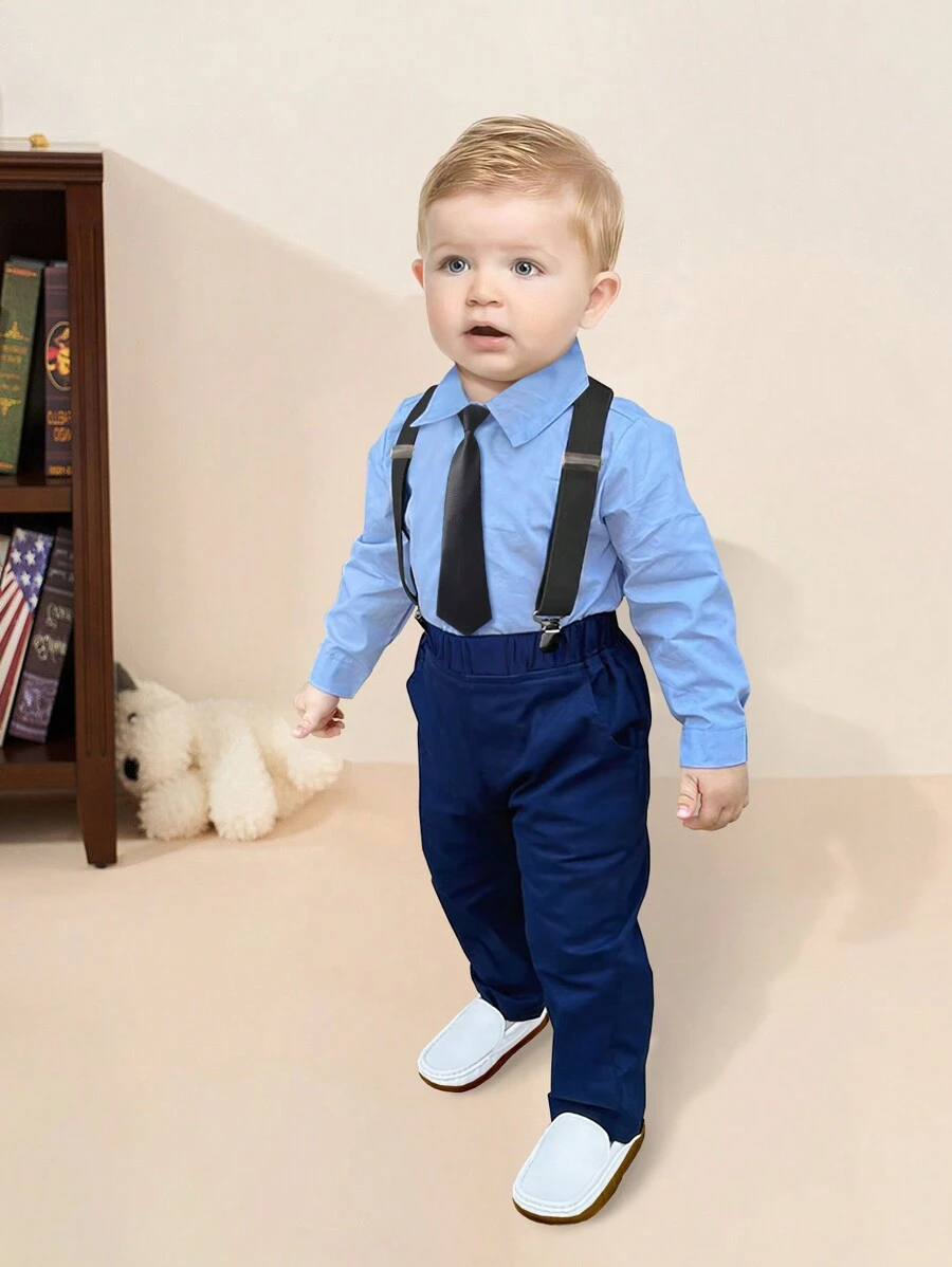 少年春季紳士套裝，藍色襯衫+深藍色褲子+吊帶+領帶四件套裝，節日/表演服裝 - 藍色 - 查看 1