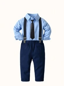 少年春季紳士套裝，藍色襯衫+深藍色褲子+吊帶+領帶四件套裝，節日/表演服裝 - 藍色 - 查看 2