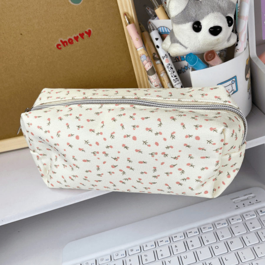 清新碎花铅笔盒，ins风高颜值学生桌面文具收纳袋，田园风化妆包，返校必备，感恩节、圣诞节、生日万圣节装饰创意礼物返校，铅笔袋，书包 - 米色 - 查看 3