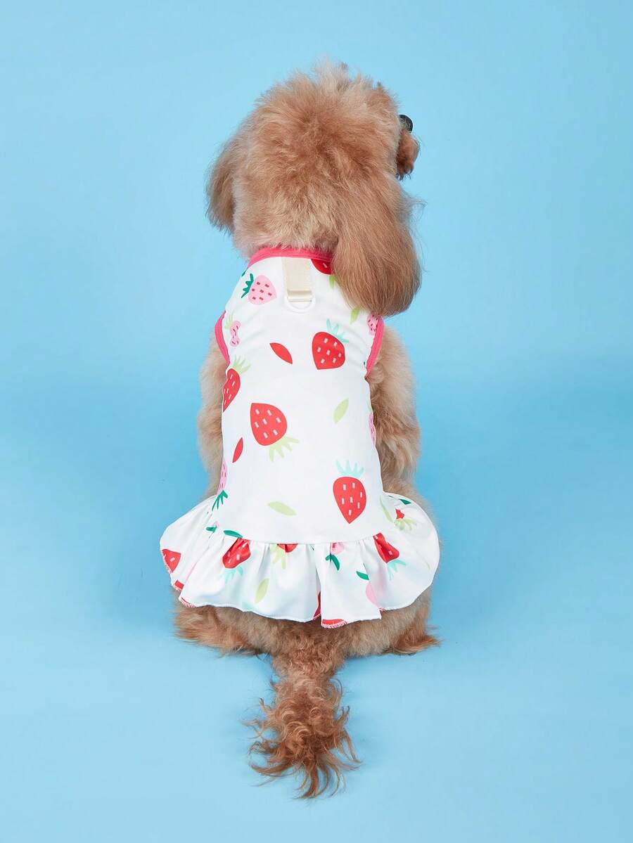 1pc Fruit Pattern With Leash Buckle Teddy Puppy Cat Dog Dress Clothes - Hot Pink - View 1