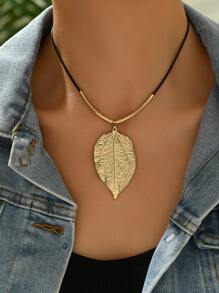 New Fashion Personalized Metallic Leaf & Teardrop Shaped Pendant Necklace With Black Wax Cord