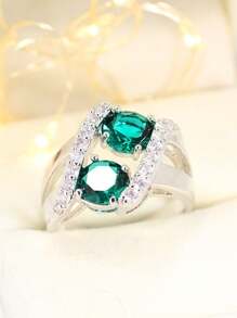 1個具時尚、優雅、個性化和多功能的空心設計的雙圓鋯石銅戒指作為母親節的驚喜禮物 - 綠色 - 查看 1