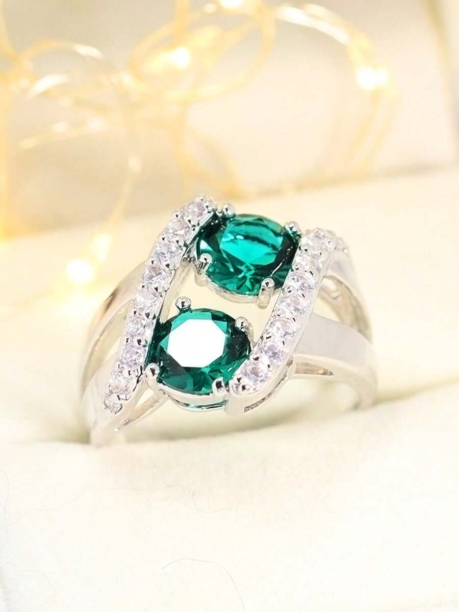 1個具時尚、優雅、個性化和多功能的空心設計的雙圓鋯石銅戒指作為母親節的驚喜禮物 - 綠色 - 查看 1