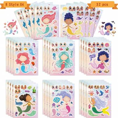 8/16/24/32pcs Mermaid Themed Cartoon Face Stickers, Suitable For DIY Crafts And Birthday Party Supplies