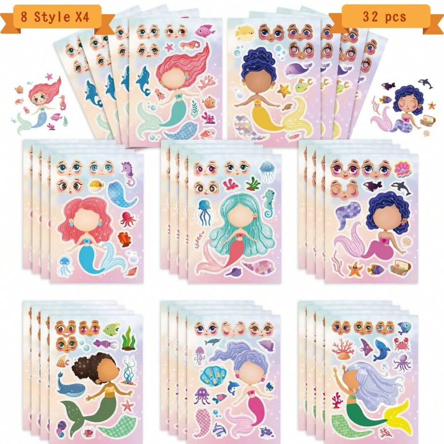 8/16/24/32张美人鱼主题卡通脸贴纸,适合DIY手工制作和生日派对用品 - 彩色 - 查看 1