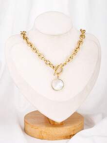 1pc Gold Hoop Chain Necklace With Round Pearl Pendant, Thick Chain Choker Style Kids Necklace, Minimalist 18K Gold Plated Jewelry - Yellow Gold - View 3