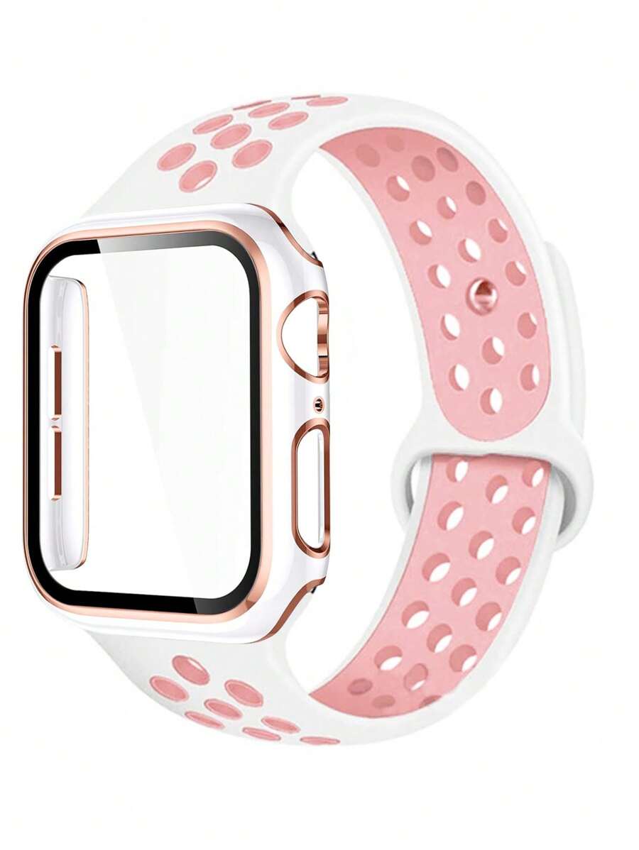 运动硅胶表带和表壳组合套装，兼容 Ultra/11/10/9/8/7/6/5/4/Se，40/41/42/44/45/46/49 毫米，镂空双色，柔软透气硅胶表带，硬质 PC 和高清钢化玻璃一体式表壳，男女适用 - 白配粉 - 查看 1