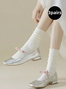 3 双女士夏季薄款吸湿排汗蕾丝边中筒袜，可爱踝袜，及膝袜 - 米色 - 查看 1