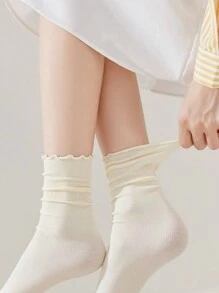 3 双女士夏季薄款吸湿排汗蕾丝边中筒袜，可爱踝袜，及膝袜 - 米色 - 查看 7