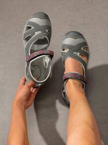 Women Summer Sport Athletic Sandals, Soft Bottom Beach Sandals  With Hook-And-Loop, Sporty Outdoor Hiking Sandals - Xám - Xem 2