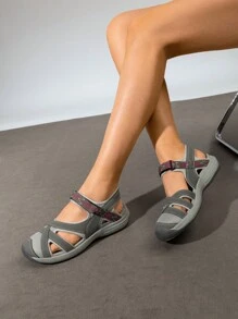 Women Summer Sport Athletic Sandals, Soft Bottom Beach Sandals  With Hook-And-Loop, Sporty Outdoor Hiking Sandals - Xám - Xem 4