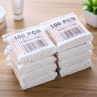 100pcs Double-Head Disposable Cleaning Swab With Wooden Handle For Cleaning/Makeup/Ear Cleaning