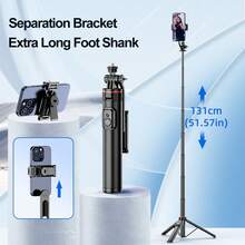 131cm/51.57-Inch Selfie Stick Tripod LED-Light, Detachable Cell Phone Holder, Versatile Extended Extendable Cell Phone Tripod Mount With Wireless Remote Shutter Compatible With IPhone And Android Phones Selfies, Video Recording, Vlogging, Live Streaming - Black - View 3