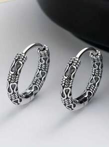 1對復古銅質簡約配花紋小耳釘,約會禮物 - 古銀 - 查看 2