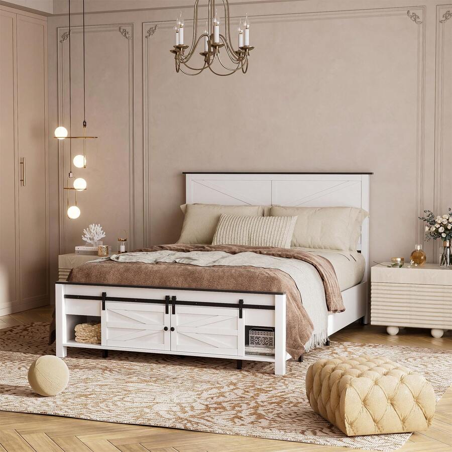 Queen Bed Frame, Farmhouse Wood Bed Frame Queen Size With Sliding Barn Door And Storage, No Box